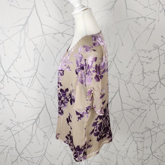 Jacques Vert Beige Lavender Floral Velvet Burnout Silk Blend Top - Picture 3 of 7